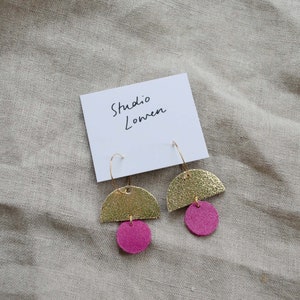 Sunrise Hoop Earrings made from recycled leather. Lightweight statement earrings in a minimalist, geometric style. Love Pink Earrings.
