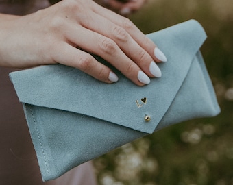 Personalised Mint Green Suede Clutch Purse, Pale Green Clutch Bag, Personalised Gift, Soft Suede Bag, Bridesmaid Clutch Bags or gifts.