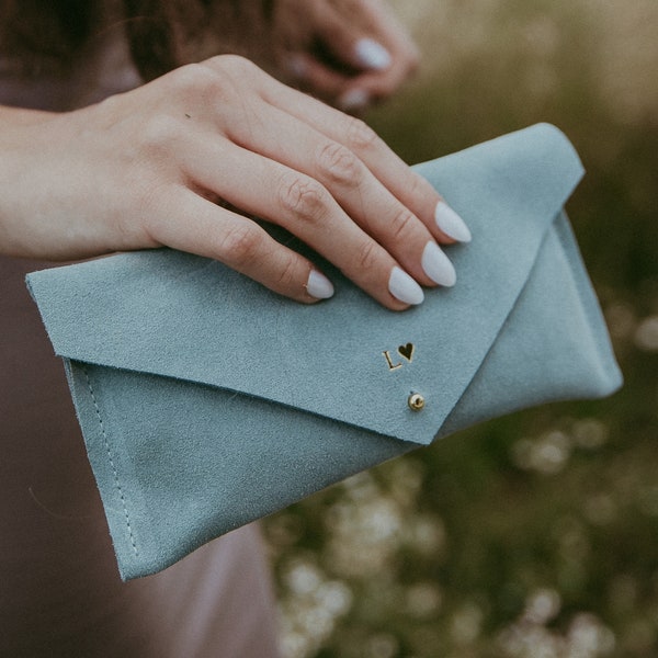 Personalised Mint Green Suede Clutch Purse, Pale Green Clutch Bag, Personalised Gift, Soft Suede Bag, Bridesmaid Clutch Bags or gifts.