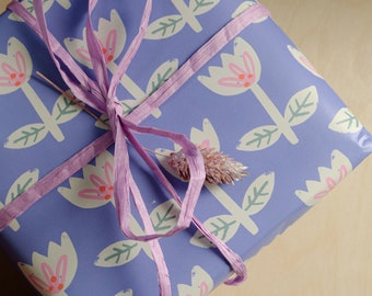 Blue Tulip Wrapping Paper, Birthday Gift wrap for her, Bridal Shower or Baby Shower Gift Wrap. Floral Blue Present Wrapping.