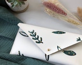 Large Purse - Green Botanical. Handmade recycled leather white pouch, clutch bag, wallet, pencil case, sunglasses. Hand painted in Cornwall