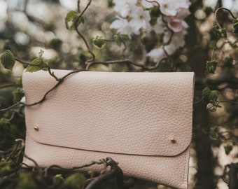 Nude Leather Clutch Bag, Rouge Pink Evening Bag. Pale Peach Compact Clutch Bag, Coral Pink Leather Bag, Gift for Her. Bridesmaid Clutch Bag.