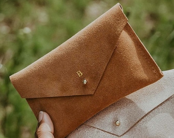 Brown Suede Purse, Personalised brown leather wallet. Tan suede envelope coin purse. Minimalist Purse.