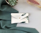 Botanical recycled leather card holder, green and gold leaf print card holder, banana leaf business card wallet. Recycled leather wallet.