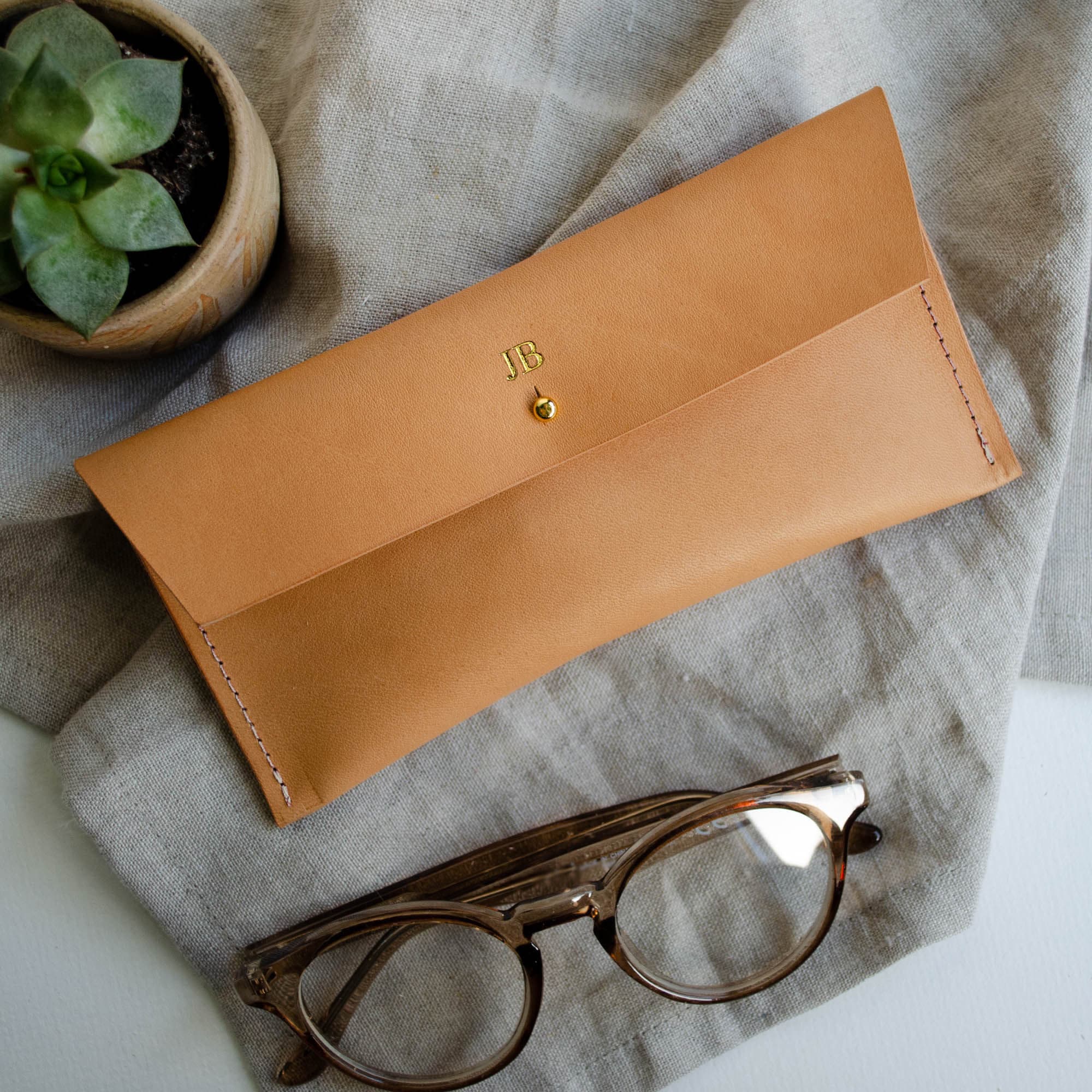 Minimalist Leather Glasses Case, Personalised Veg Tan Reading Holder