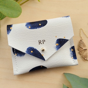 Personalised Navy Spotty Recycled Leather Square Business Card Holder or Personalised Jewellery Pouch