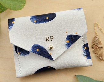 Personalised Navy Spotty Recycled Leather Square Business Card Holder or Personalised Jewellery Pouch