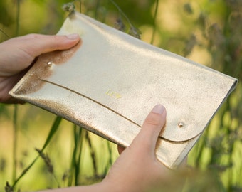 Personalised Gold Leather Clutch Bag, Compact Shimmer Gold Purse perfect for a Wedding or Bridesmaid gifts.