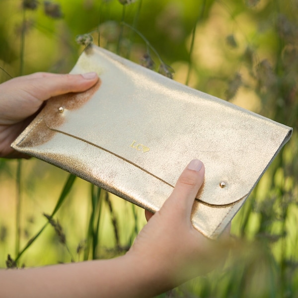 Personalised Gold Leather Clutch Bag, Compact Shimmer Gold Purse perfect for a Wedding or Bridesmaid gifts.