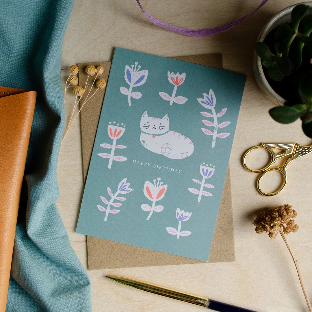 Kitten Happy Birthday Card. Illustrated Cute Cat Birthday Card in Green ...
