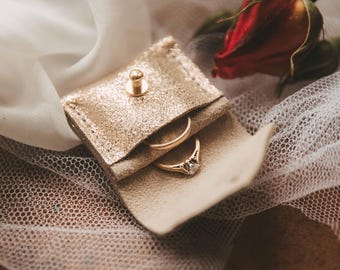 Gold Leather Wedding Ring Pouch: Personalised Bridal Keepsake. Proposal Ring Box