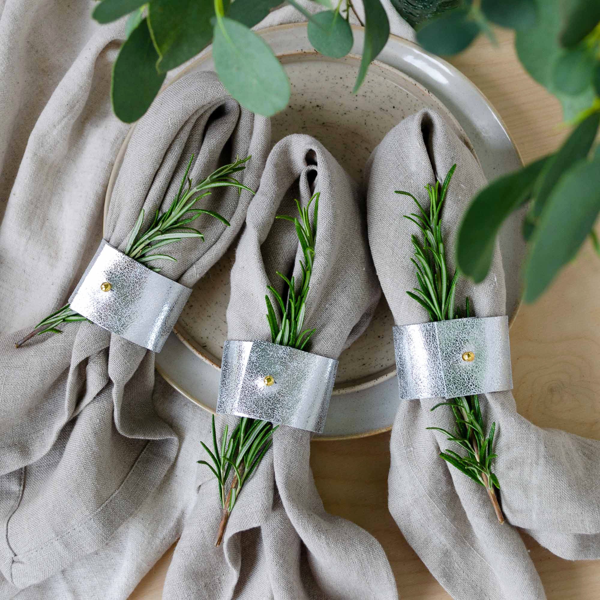 Silver Napkin Rings in Silver Leather for Wedding Table Decor, Christmas Dinner, Outdoor Dining Table Setting or Bridal Shower. Set of 4.