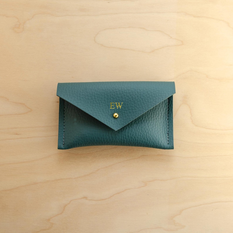 Personalised Card Holder made with British Made Recycled Leather. Colourful coin pouch or business case holder. Teal Green