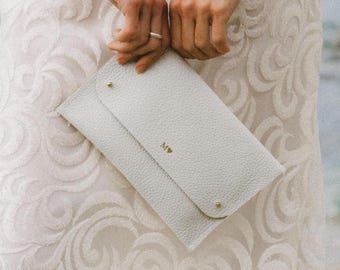 White Leather Clutch Bag. Custom Bridal Clutch Bag. Personalised gift for bride with initials. Bridesmaid clutch bags. UK Made.