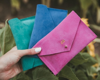 Monogrammed Suede Envelope Purse: Personalised Leather Wallet