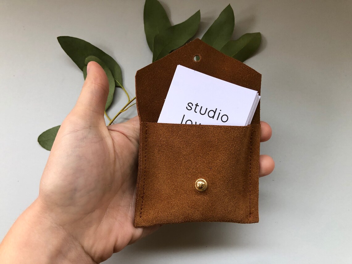 Personalised Square Business Card Holder in tan brown suede Etsy