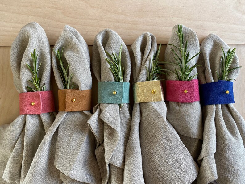 Colourful Suede Leather Napkin Ring in Tan Brown, Blue, Pink, Gold and Mint Green for Wedding Table Setting, Rainbow or Festival Theme Rainbow Pack of 6