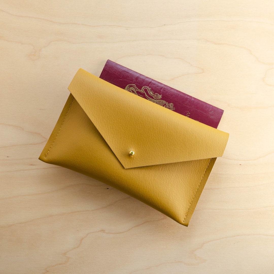 Personalised Recycled Leather Envelope Purse in Teal, Mustard, Green