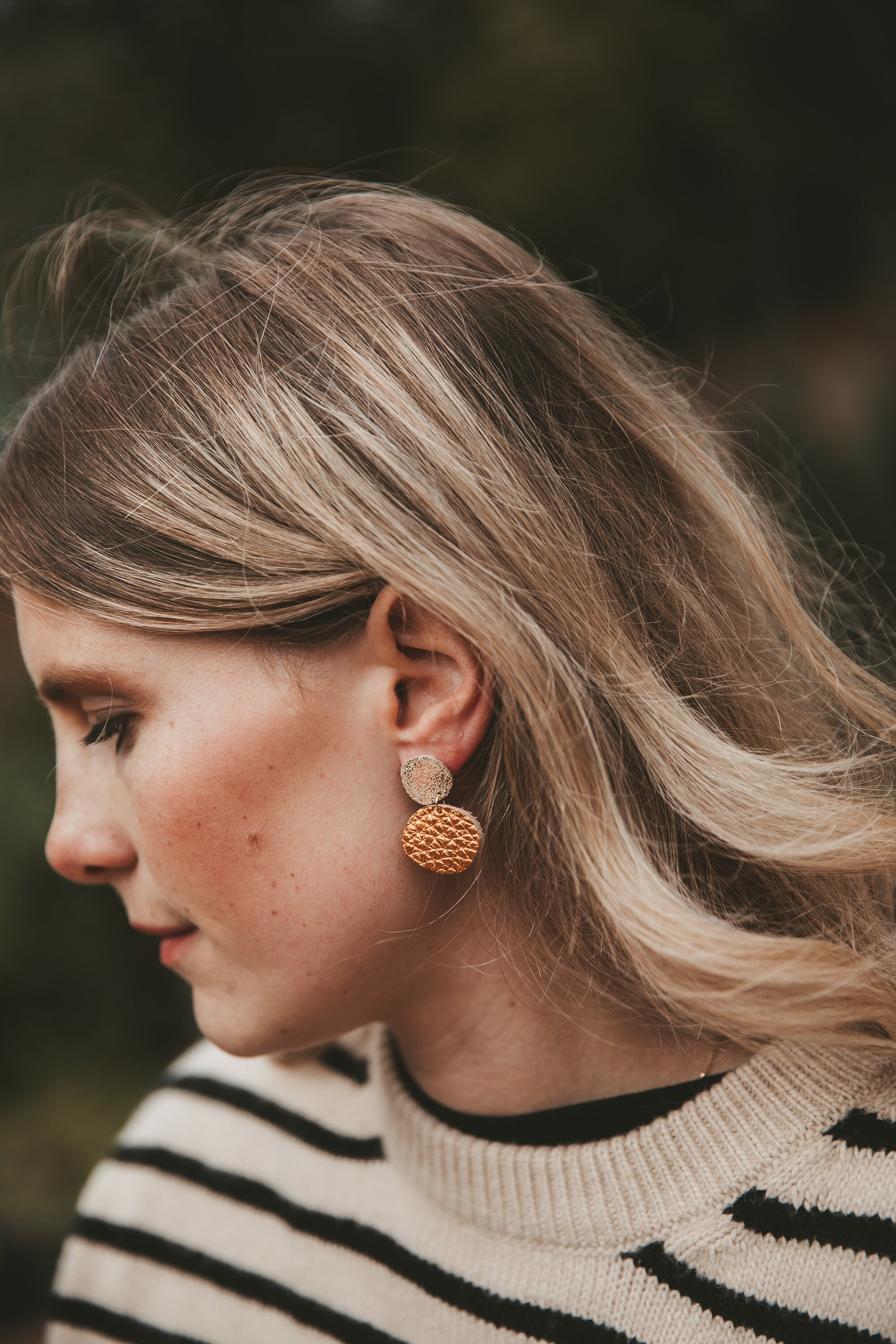 Bili Pop Leather Earrings, Colourful Gold Lightweight Drop Earrings in With Lilac, Dark Green, Rust Orange, Blush & Rose