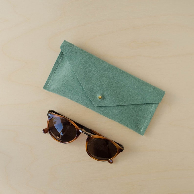 Personalised Suede Glasses Case in Pink, Teal, Blue, Coral, Tan and Mint Green. Reading glasses case or sunglasses pouch. Mint Green