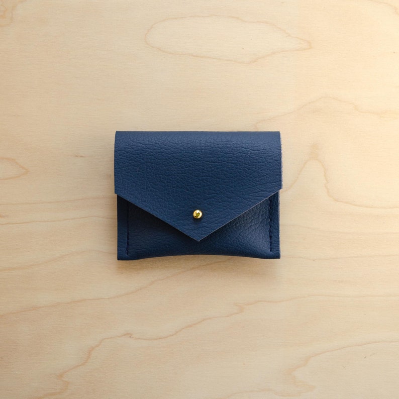 Personalised recycled leather Jewellery Pouch, square business card holder or coin purse in violet, tan, rose, blue, black, green or orange. Navy