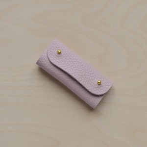 May include: A small, light pink leather key holder with gold accents. The key holder has a flap that folds over to secure keys.