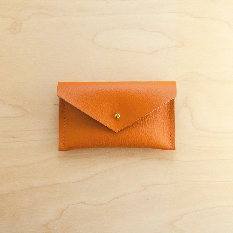 Personalised Card Holder made with British Made Recycled Leather. Colourful coin pouch or business case holder. Orange