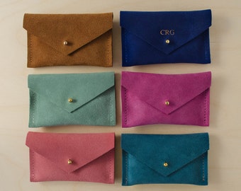 Personalised Suede Card Holder, Colourful envelope pouch or travel card wallet. Minimalist business card holder or purse.