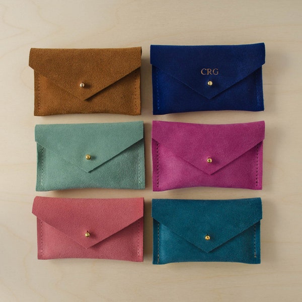 Personalised Suede Card Holder, Colourful envelope pouch or travel card wallet. Minimalist business card holder or purse.