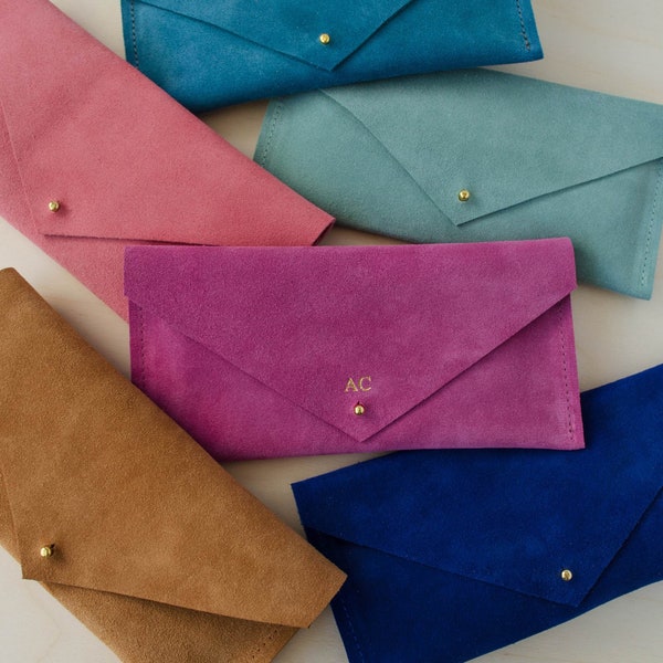 Personalised Suede Clutch Bag in Pink, Blue, Mint Green and Tan Brown - Monogram Pink Pencil Case or Make Up Bag in Suede Leather.