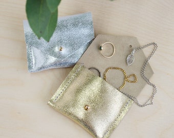 Gold Jewellery Pouch. Silver Engagement Ring Pouch. Metallic Gold Leather Jewellery Case. Personalised Gift for Her. Bridesmaid Gifts.