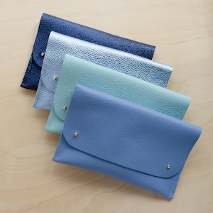Personalised Blue Leather Clutch Bag, Compact Metallic Navy Bag perfect for a Wedding or Bridesmaid Gifts
