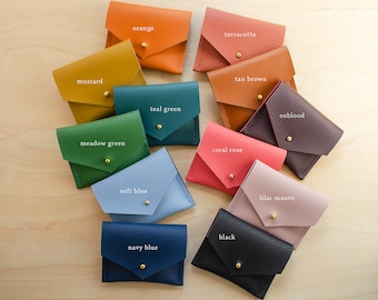 Personalised recycled leather Jewellery Pouch, square business card holder or coin purse in violet, tan, rose, blue, black, green or orange.
