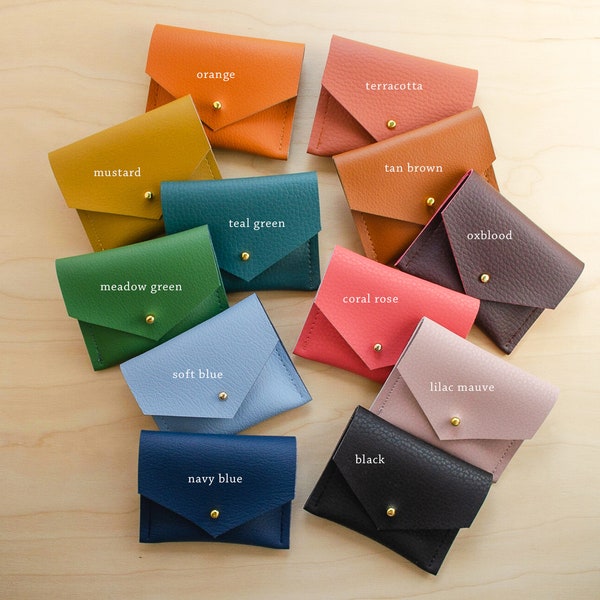 Personalised recycled leather Jewellery Pouch, square business card holder or coin purse in violet, tan, rose, blue, black, green or orange.