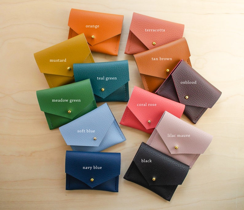Personalised recycled leather Jewellery Pouch, square business card holder or coin purse in violet, tan, rose, blue, black, green or orange. image 1