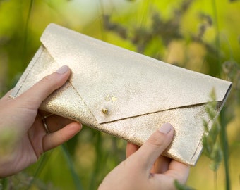 Gold Leather Clutch Purse, Minimalist Envelope Clutch Purse, Personalised Metallic Silver Clutch Bag.