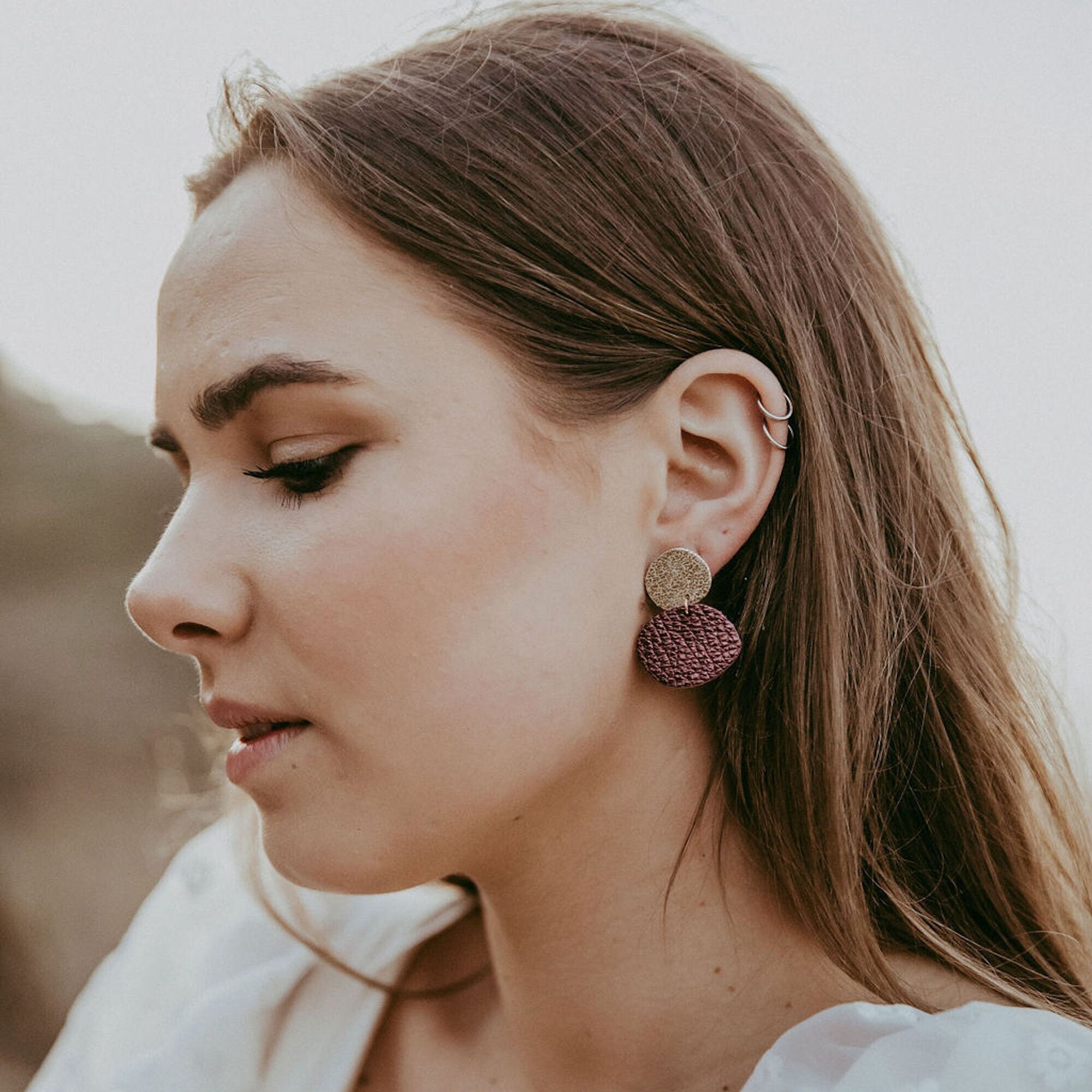 Bili Pop Leather Earrings, Colourful Bold Gold Lightweight Drop Earrings in Berry, Sea Green, Cream, Olive, Black & Powder Blue