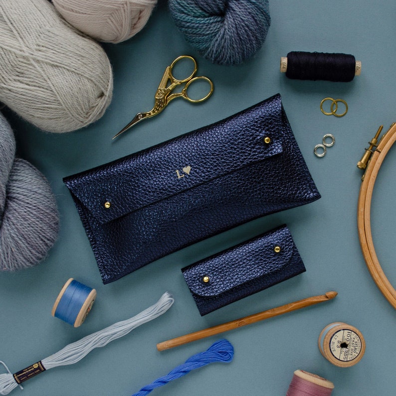 Leather Notions Pouch handmade with genuine leather, Personalised Leather Sewing Bag, Birthday gift for knitter, crafter or crochet gift. Metallic Navy