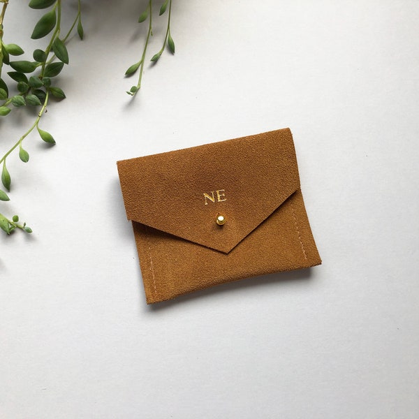 Personalised Tan Brown Suede Square Business Card Holder or Personalised Jewellery Pouch
