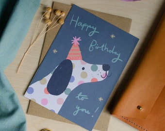 Dog Happy Birthday Card. Spaniel Birthday cards. Colourful friend birthday card with Dalmatian.