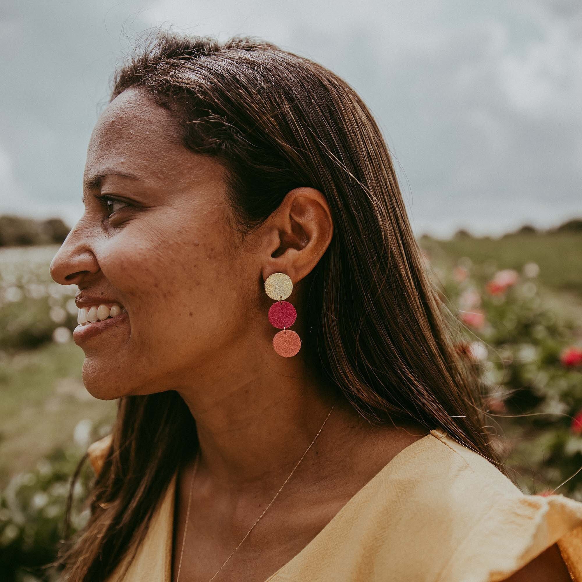 Pink Drop Statement Earrings, Nicola Stud Earrings in Gold Leather. Colourful Dangle Earrings Fuchsia, Coral & Gold