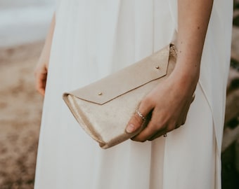 Ailla Leather Clutch Bag, Gold Leather Clutch Bag, Gold Bridal Clutch Bag for Winter Wedding or Boho Beach Wedding.