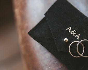 Black suede jewellery pouch, personalised wedding ring pouch, wedding gift ideas. Mr and Mrs ring pouch.