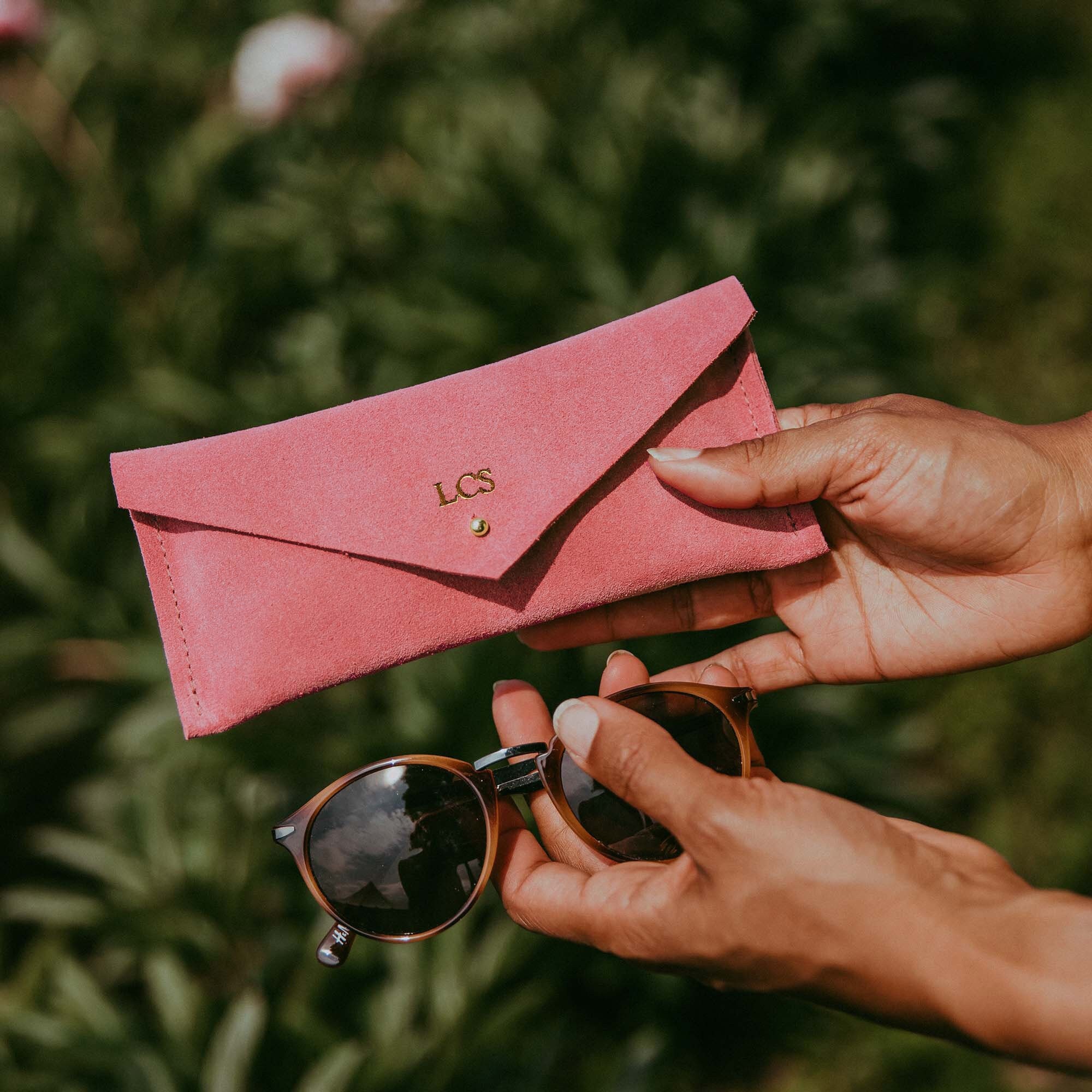 Personalised Coral Pink Glasses Case, Suede Envelope Case With Initials, Birthday Gift For Her. Sunglasses Or Eye Case