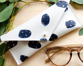 Hand painted Recycled Leather Glasses Case in Navy and Gold, Monogram Sunglasses Case, Birthday Gifts for her.