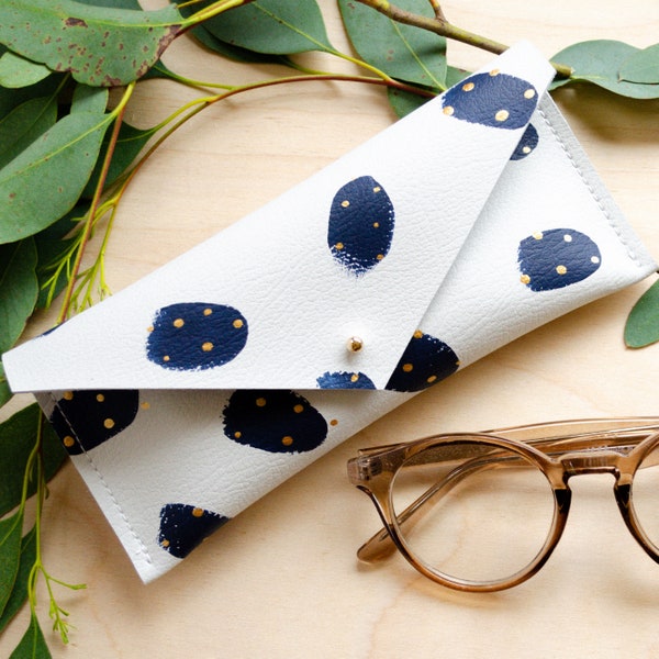 Hand painted Recycled Leather Glasses Case in Navy and Gold, Monogram Sunglasses Case, Birthday Gifts for her.