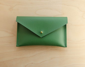 Personalised recycled leather envelope purse in Teal, Mustard, Green and Orange. Custom Passport Holder, Travel Wallet.
