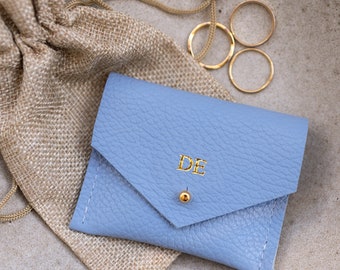 Pochette à bijoux en cuir bleu. Cadeau de mariage personnalisé, cadeaux de demoiselle d'honneur. Quelque chose de bleu cadeau, porte-cartes de visite carré.