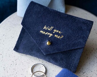 Proposal Engagement Ring Case. Will you marry me suede jewellery pouch.