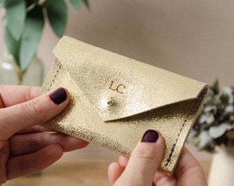 Personalised Gold Card Holder in metallic Leather, perfect as a travel card case, silver coin pouch or for business cards.